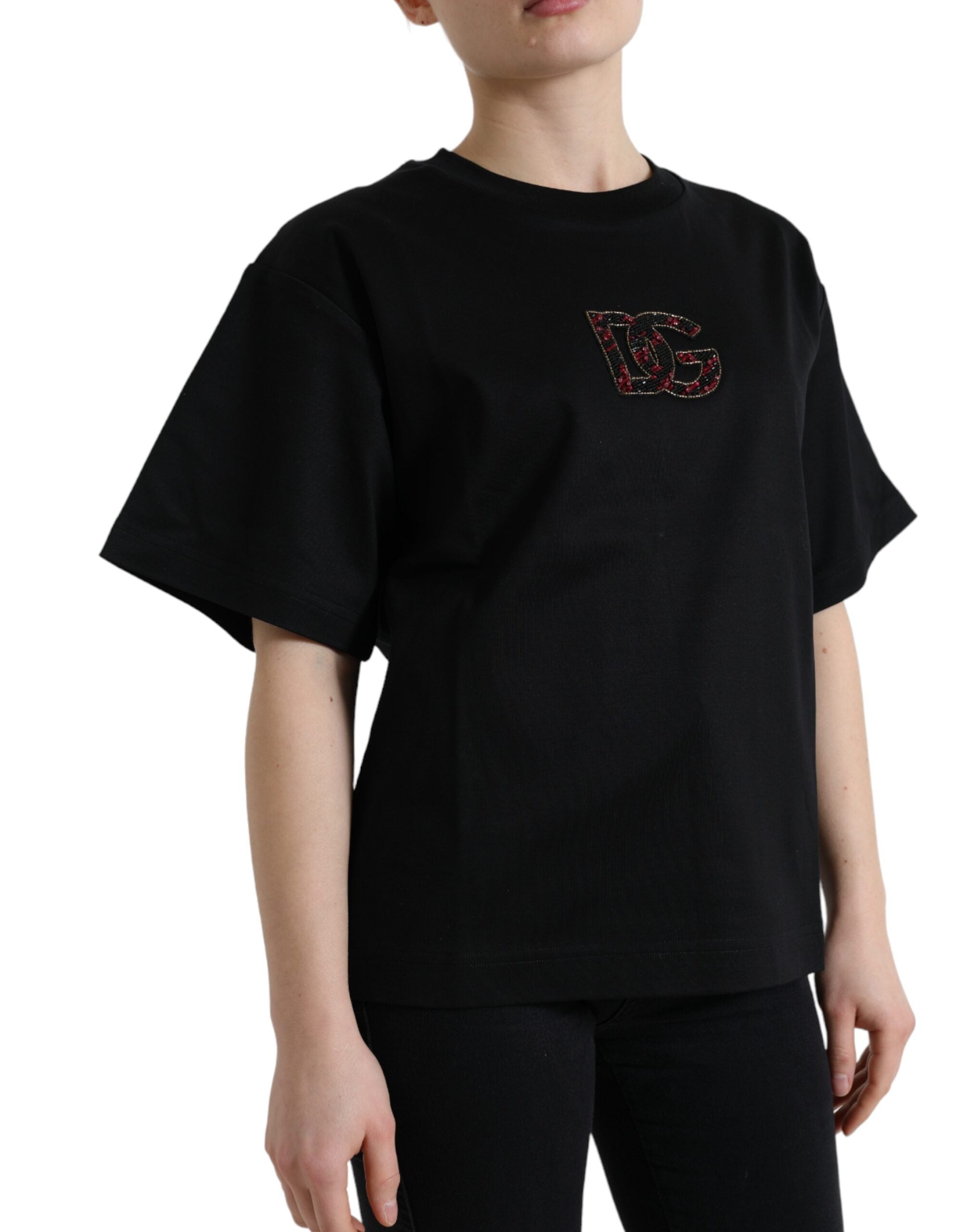Dolce & Gabbana Black Cotton DG Crystal Crewneck Tee Women's T-shirt