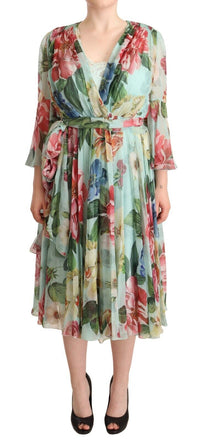 Dolce & Gabbana Multicolor Green Floral Silk Wrap Midi Women's Dress