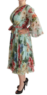 Dolce & Gabbana Multicolor Green Floral Silk Wrap Midi Women's Dress
