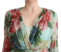 Dolce & Gabbana Multicolor Green Floral Silk Wrap Midi Women's Dress