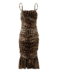 Dolce & Gabbana Brown Leopard Print Ruched Midi Women's Dress