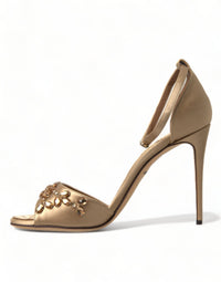 Dolce & Gabbana Gold Satin Ankle Strap Crystal Sandals Women's Shoes