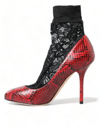 Dolce & Gabbana Red Ayers Leather Lace Socks Pumps Women's Shoes