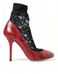 Dolce & Gabbana Red Ayers Leather Lace Socks Pumps Women's Shoes