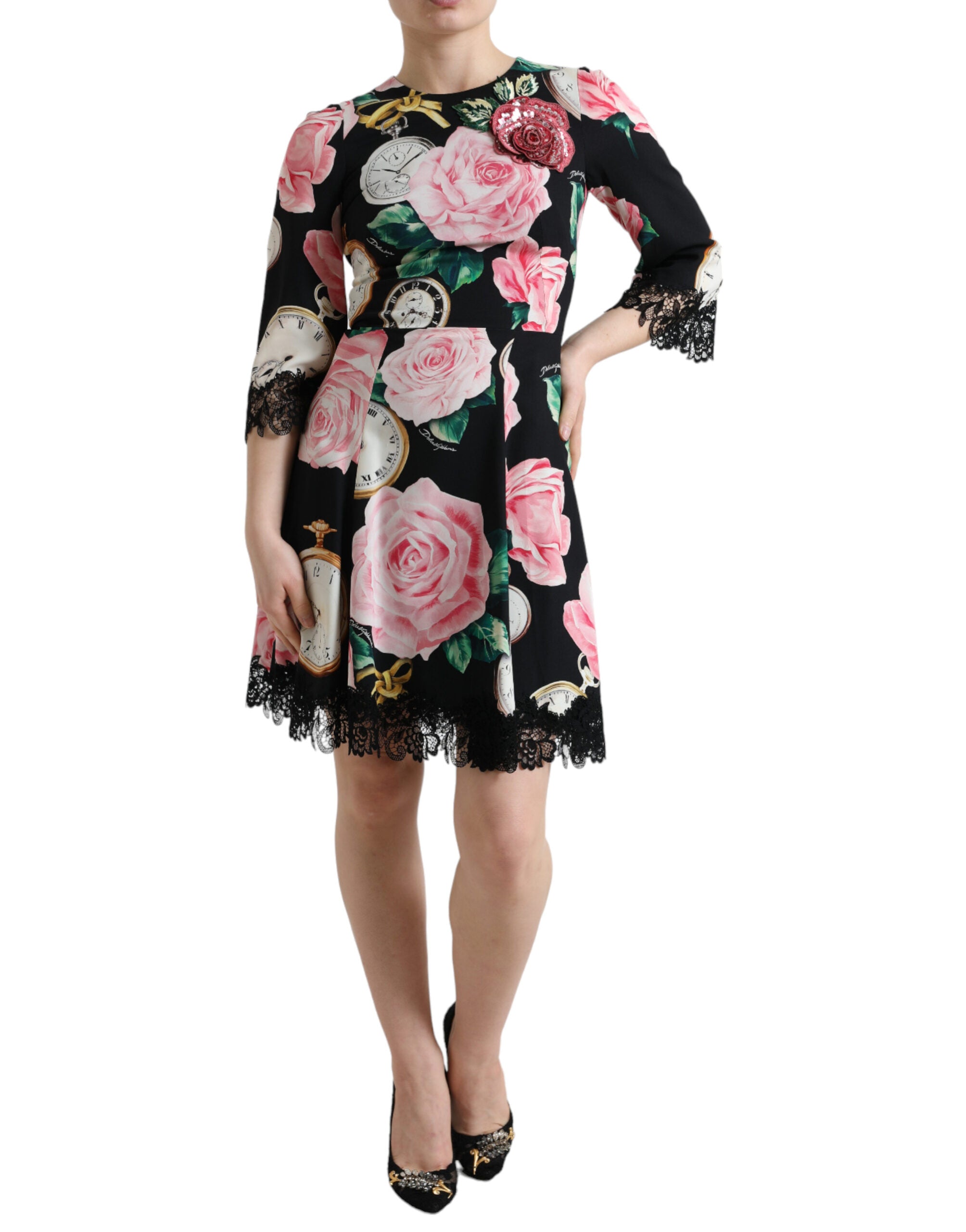 Dolce & Gabbana Black Floral Embellished Lace A-line Women's Dress