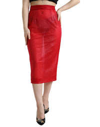 Dolce & Gabbana Red Sheer High Waist Pencil Cut Midi Women's Skirt