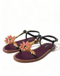 Dolce & Gabbana Black Crystal Gold Sandals Leather Women's Shoes