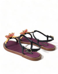 Dolce & Gabbana Black Crystal Gold Sandals Leather Women's Shoes