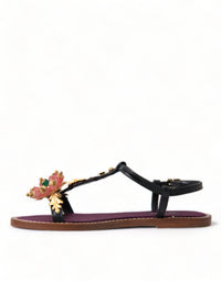 Dolce & Gabbana Black Crystal Gold Sandals Leather Women's Shoes