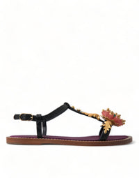 Dolce & Gabbana Black Crystal Gold Sandals Leather Women's Shoes
