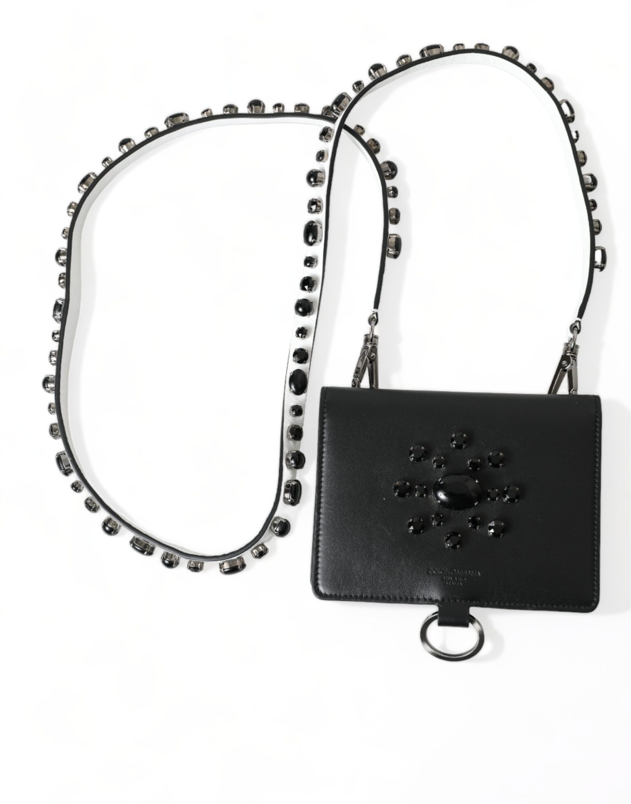 Dolce & Gabbana Dolce & Gabbana Black Leather Crystal Embellished Card Holder Women's Wallet