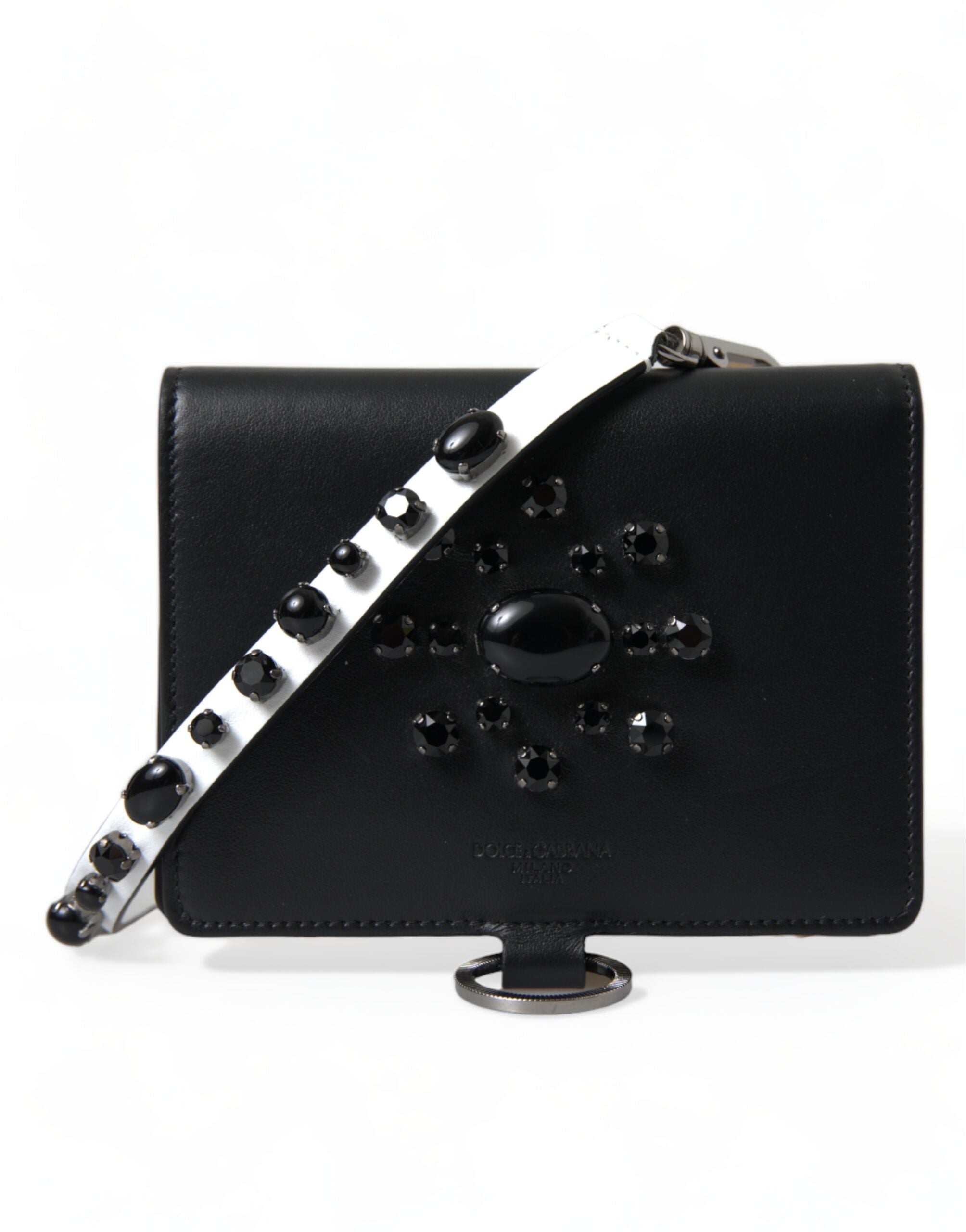 Dolce & Gabbana Dolce & Gabbana Black Leather Crystal Embellished Card Holder Women's Wallet