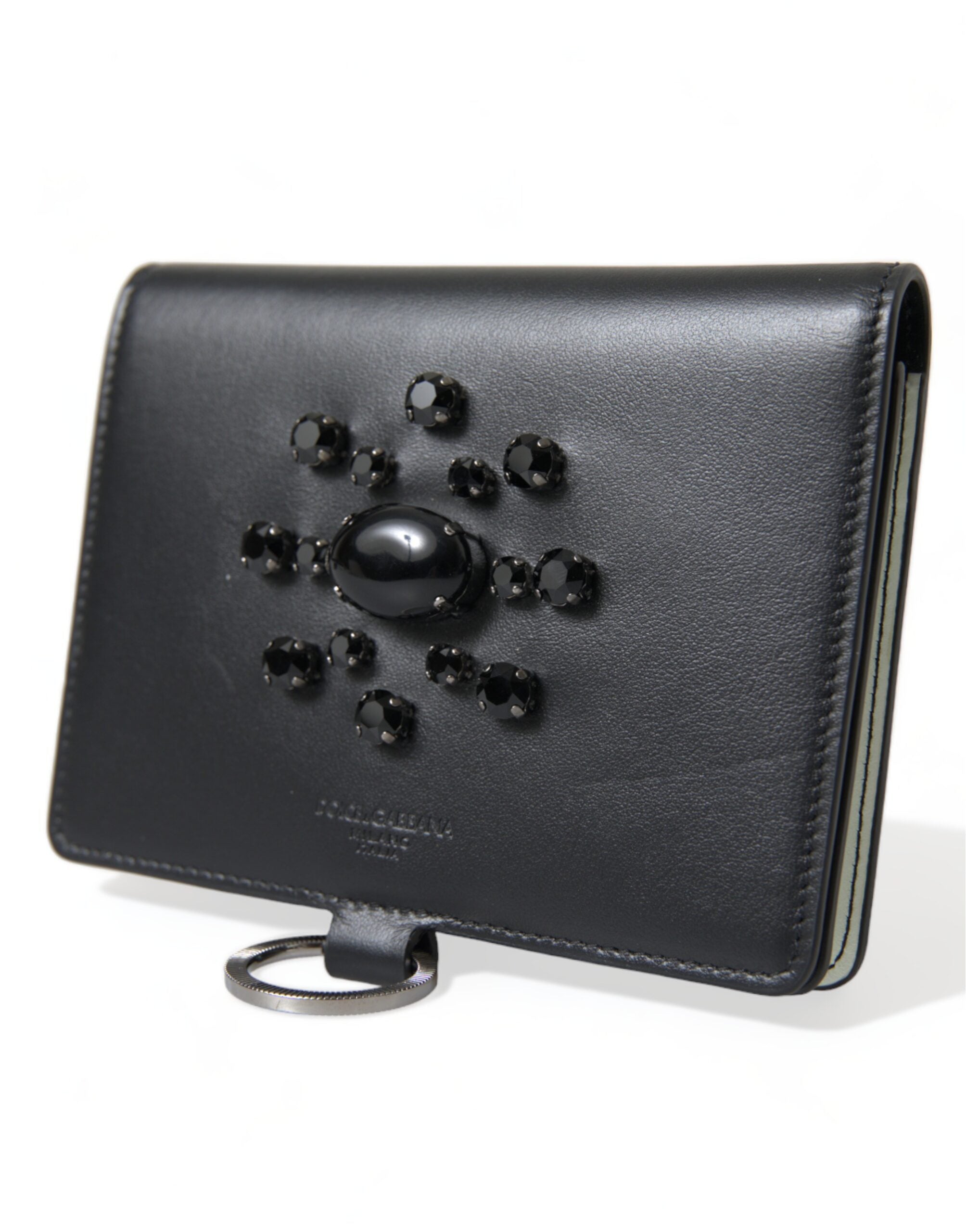 Dolce & Gabbana Dolce & Gabbana Black Leather Crystal Embellished Card Holder Women's Wallet