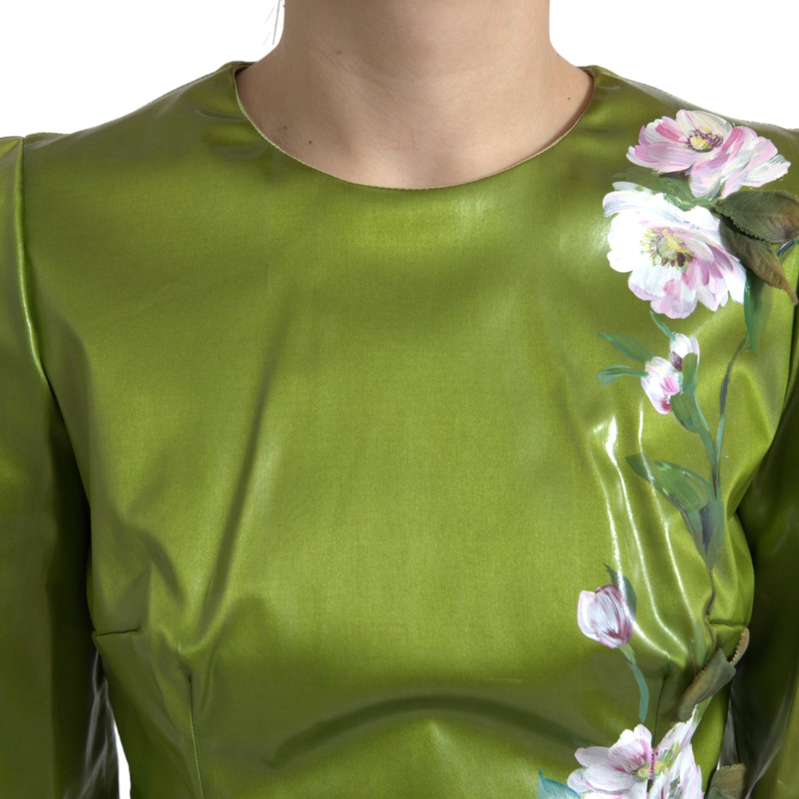 Dolce & Gabbana Green Floral Embellished Sheath Midi Women's Dress