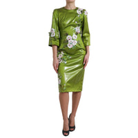 Dolce & Gabbana Green Floral Embellished Sheath Midi Women's Dress