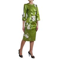 Dolce & Gabbana Green Floral Embellished Sheath Midi Women's Dress