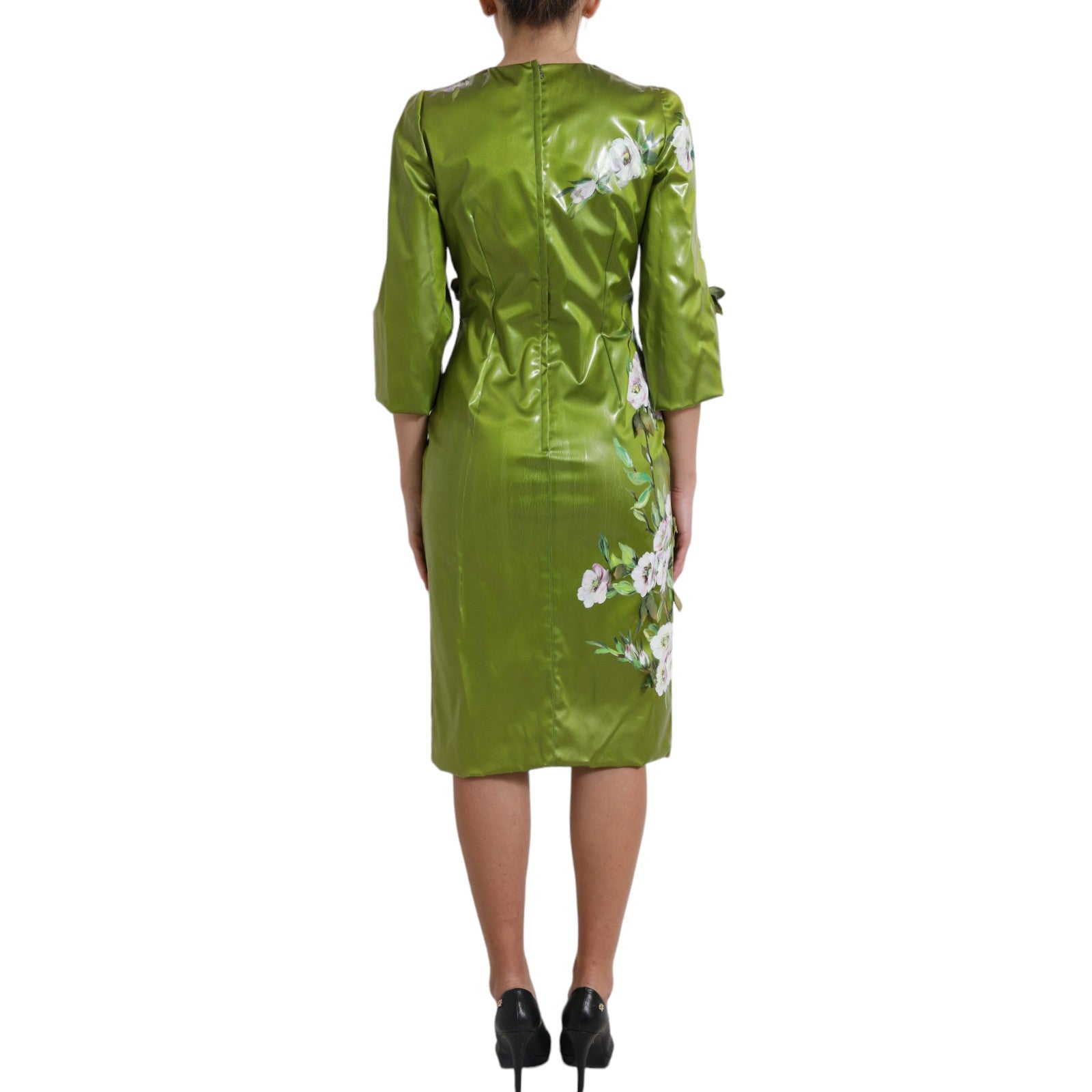 Dolce & Gabbana Green Floral Embellished Sheath Midi Women's Dress