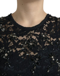Dolce & Gabbana Black Floral Lace Crystal Sheath Women's Dress