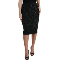 Dolce & Gabbana Black Crystal Handmade Knee Pencil Women's Skirt