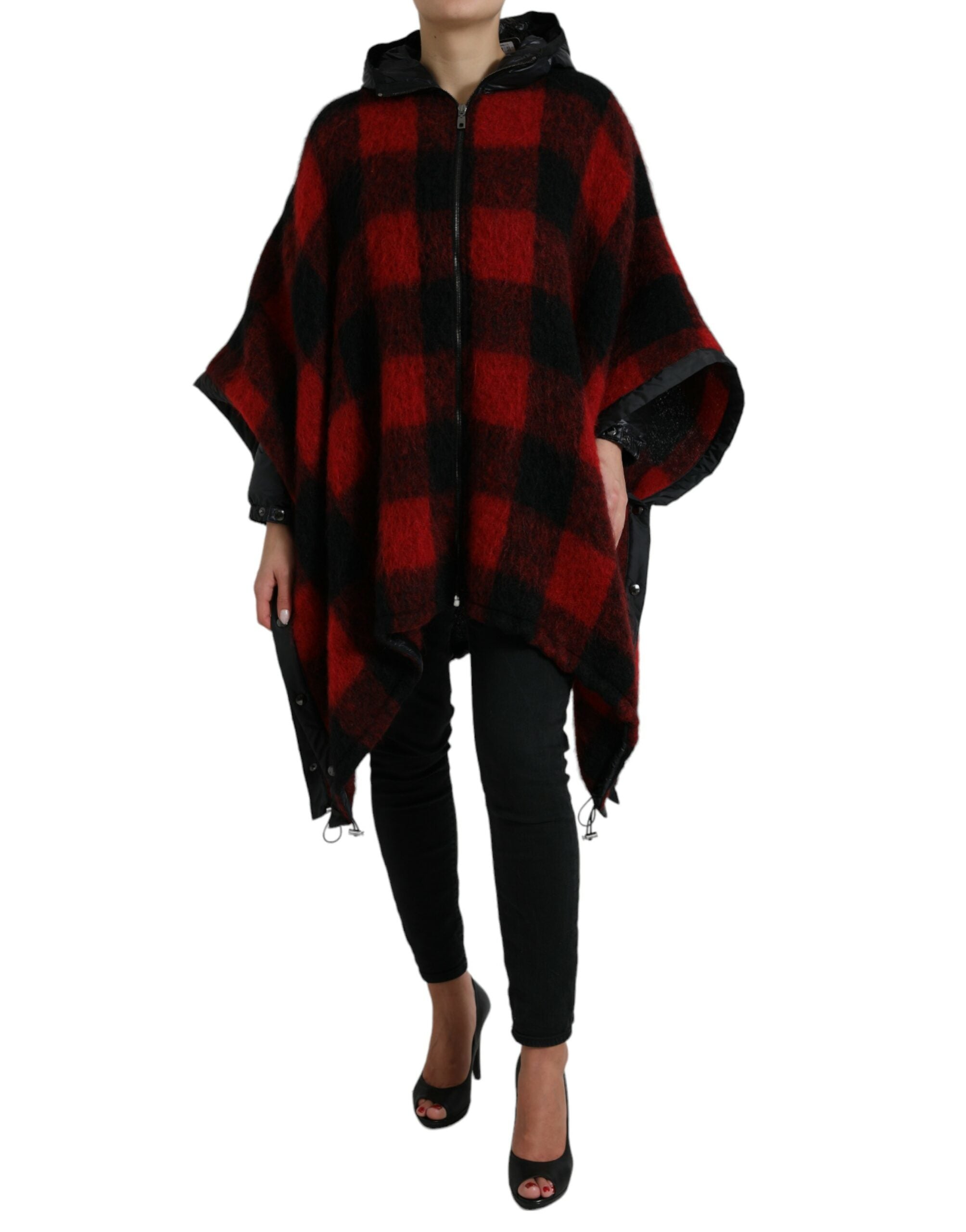 Dolce & Gabbana Dolce & Gabbana Black Red Buffalo Check Hooded Poncho Women's Jacket