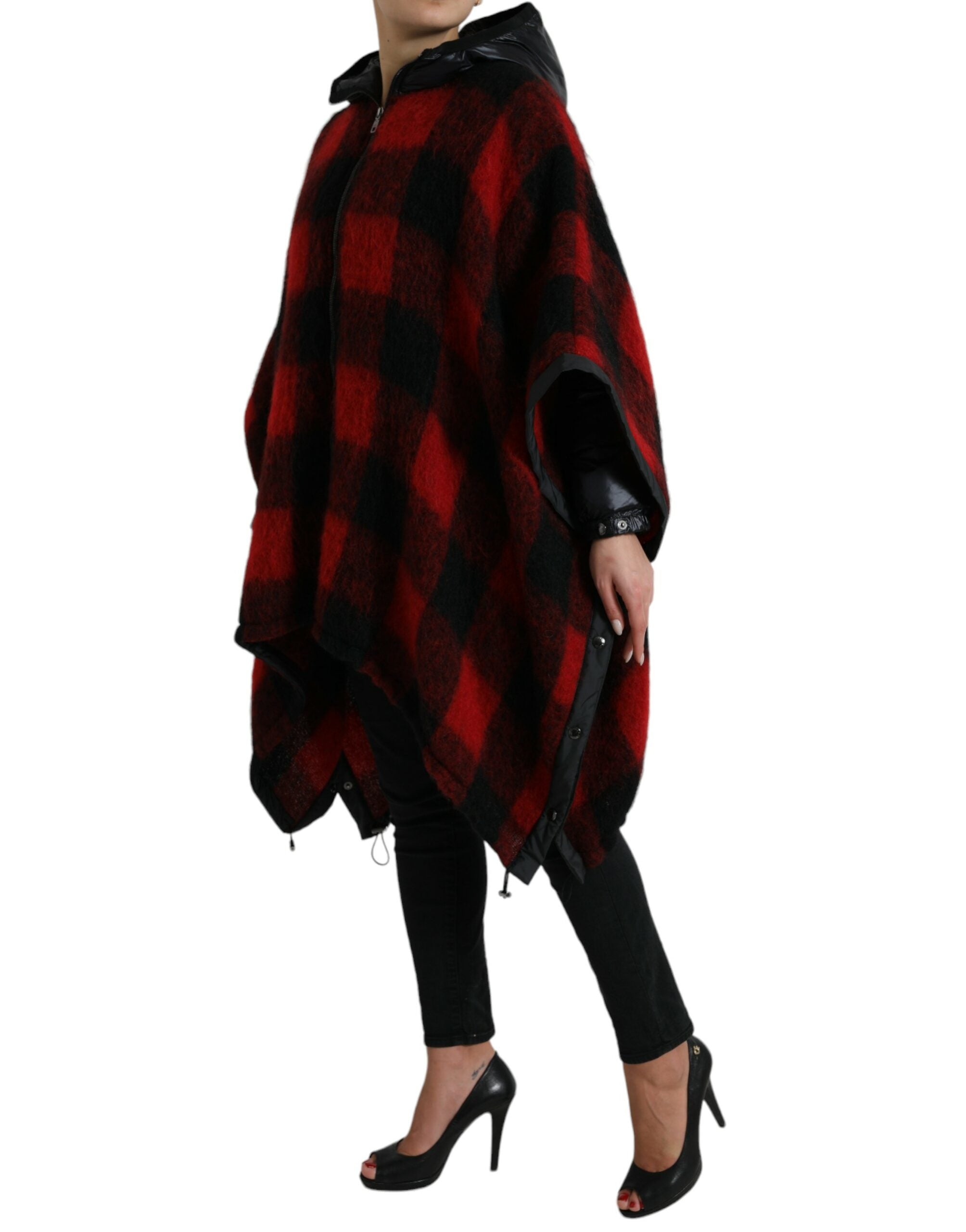 Dolce & Gabbana Dolce & Gabbana Black Red Buffalo Check Hooded Poncho Women's Jacket