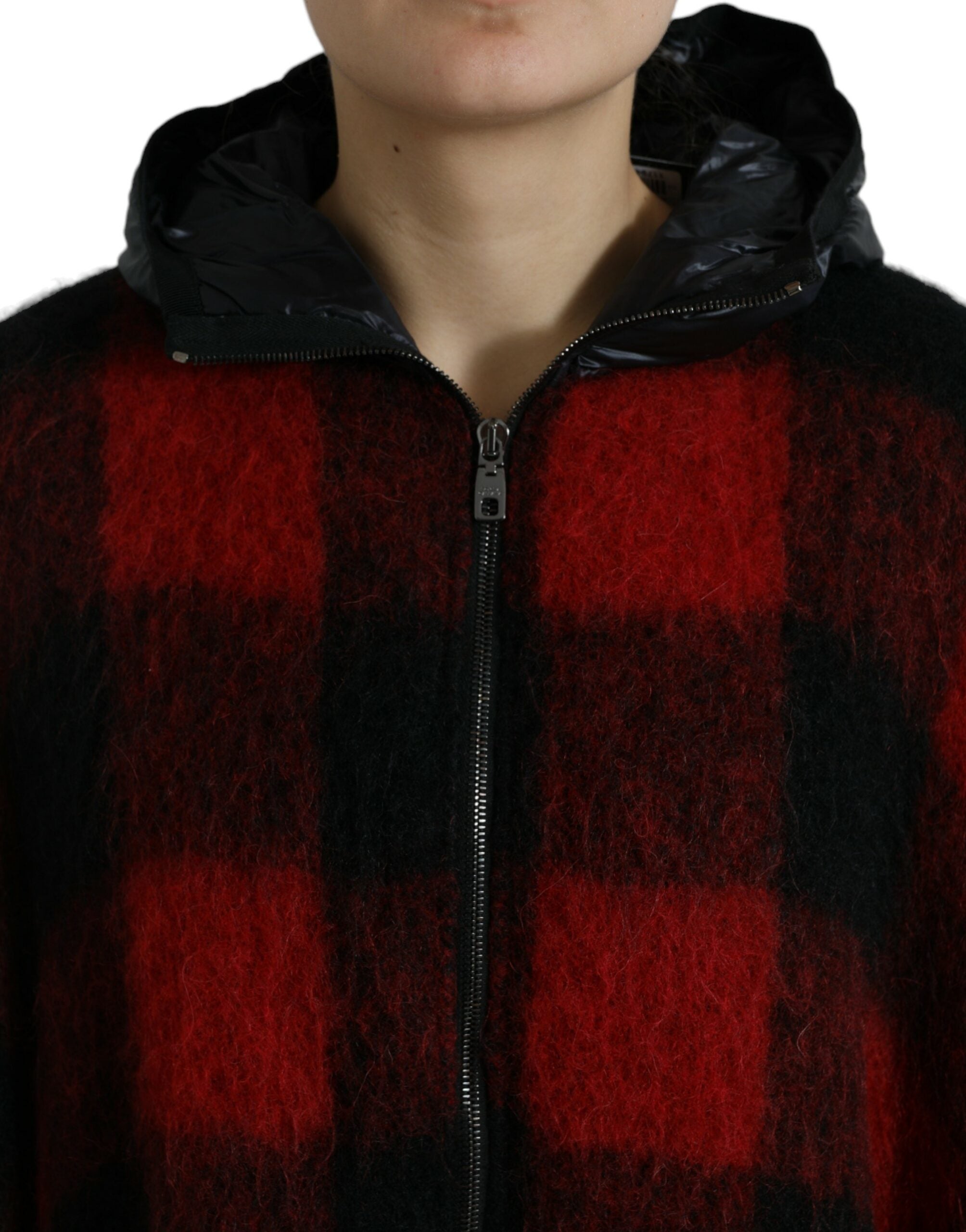 Dolce & Gabbana Dolce & Gabbana Black Red Buffalo Check Hooded Poncho Women's Jacket