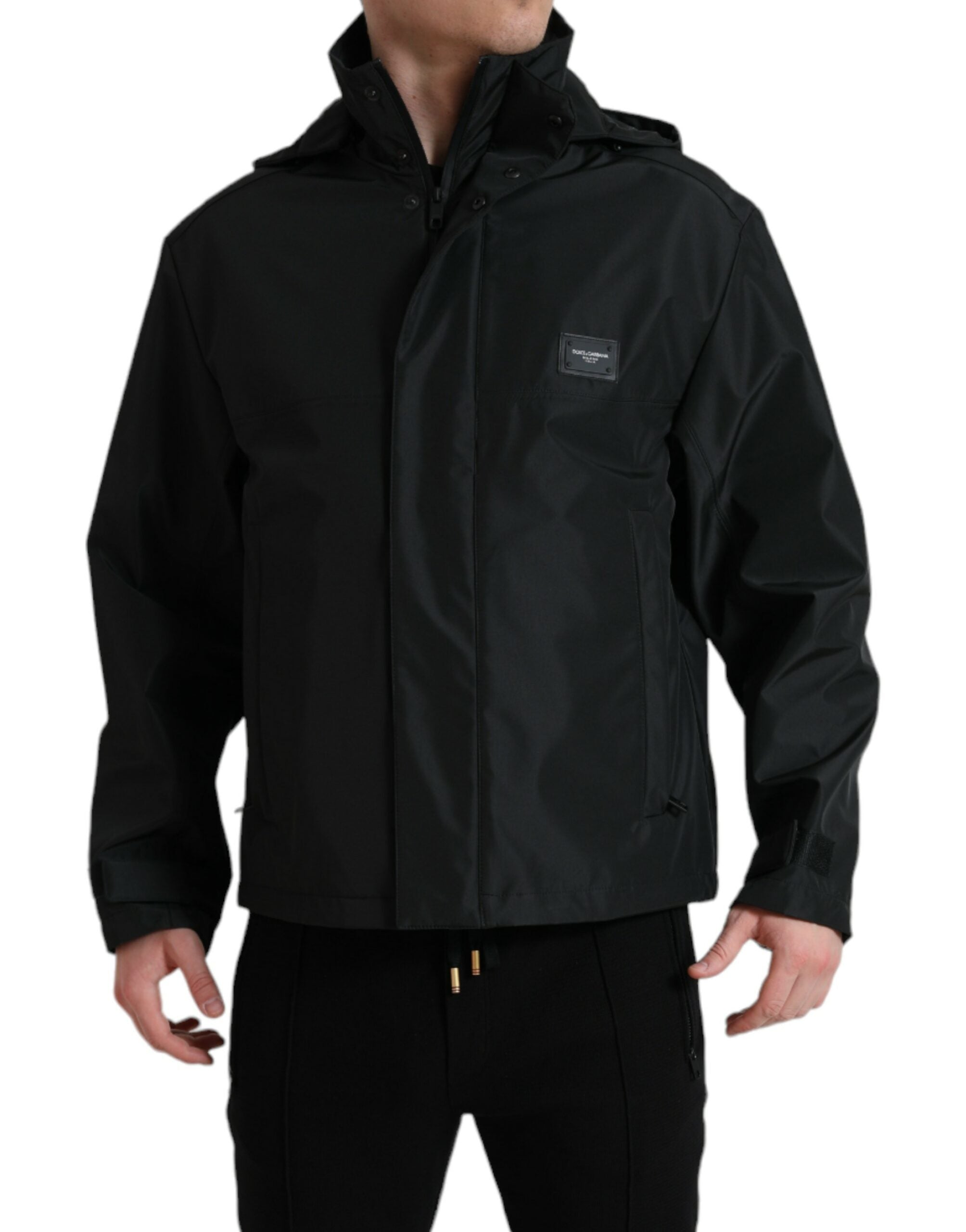 Dolce & Gabbana Black Polyester Logo Plaque Hooded Men's Jacket