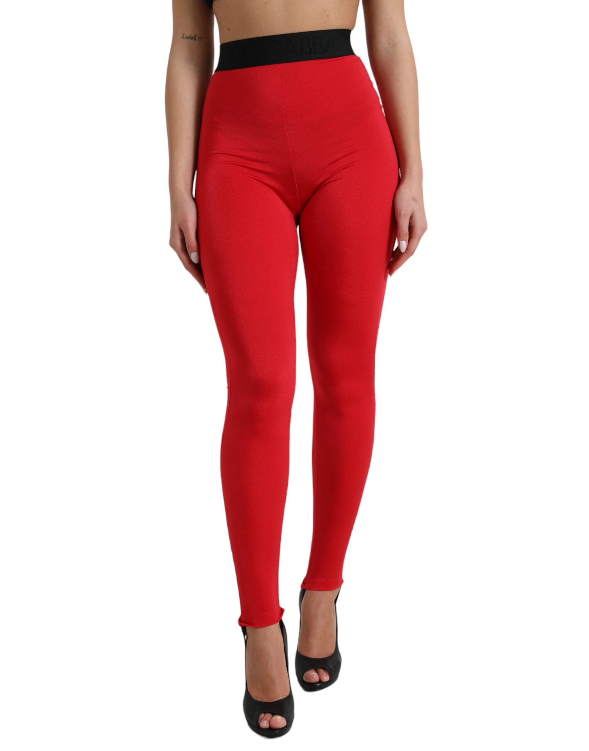 Dolce & Gabbana Red Nylon DG Logo Slim Leggings Women's Pants