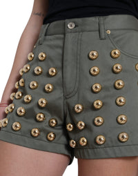 Dolce & Gabbana Green Embellished Cotton High Waist Hot Pants Women's Shorts