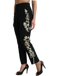 Dolce & Gabbana Black Floral Applique High Waist Tapered Women's Pants