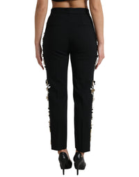 Dolce & Gabbana Black Floral Applique High Waist Tapered Women's Pants