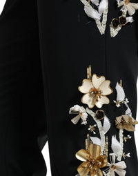 Dolce & Gabbana Black Floral Applique High Waist Tapered Women's Pants
