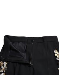 Dolce & Gabbana Black Floral Applique High Waist Tapered Women's Pants