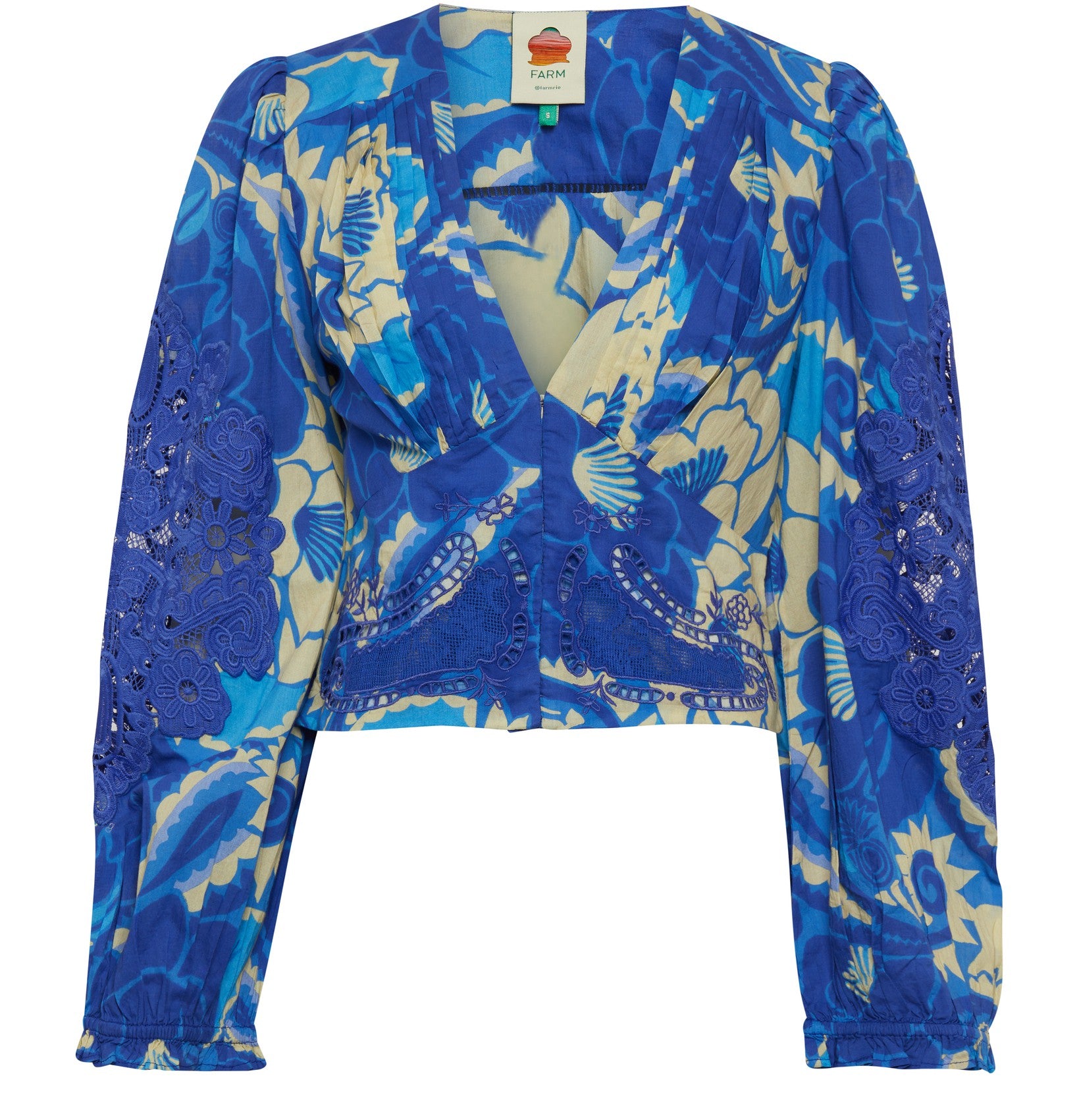 Farm Rio Women's Blue Tropical Groove Blue Blouse Long Sleeves Tropical Groove Blue