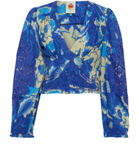 Farm Rio Women's Blue Tropical Groove Blue Blouse Long Sleeves Tropical Groove Blue