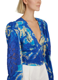 Farm Rio Women's Blue Tropical Groove Blue Blouse Long Sleeves