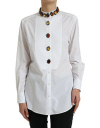 Dolce & Gabbana White Cotton Crystals Embellished Shirt Women's Top