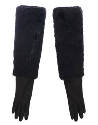 Dolce & Gabbana Black Beaver Fur Lambskin Leather Elbow Women's Gloves