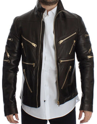 Dolce & Gabbana Brown Lambskin Leather Zipper Men's Jacket