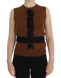 Dolce & Gabbana Brown Wool Black Lace Vest Sweater Women's Top