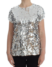 Dolce & Gabbana Silver Sequined Crewneck Blouse T-shirt Women's Top