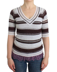 Ermanno Scervino Striped Lace V-Neck Short Sleeve Top Women's Sweater