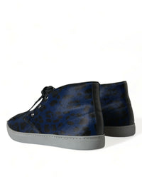 Dolce & Gabbana Blue Calfskin Leopard Mid Top Sneakers Men's Shoes