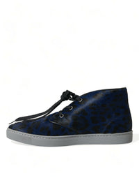 Dolce & Gabbana Blue Calfskin Leopard Mid Top Sneakers Men's Shoes