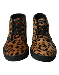 Dolce & Gabbana Brown Leopard Pony Hair Leather Sneakers Men's Shoes