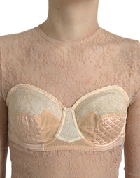 Dolce & Gabbana Beige Nylon Floral Lace Bustier Cropped Women's Top
