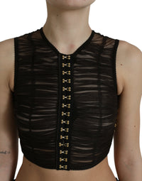 Dolce & Gabbana Brown Embellished Nylon Stretch Cropped Women's Top