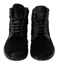 Dolce & Gabbana Black Pony Style Leather Mid Calf Boots Men's Shoes