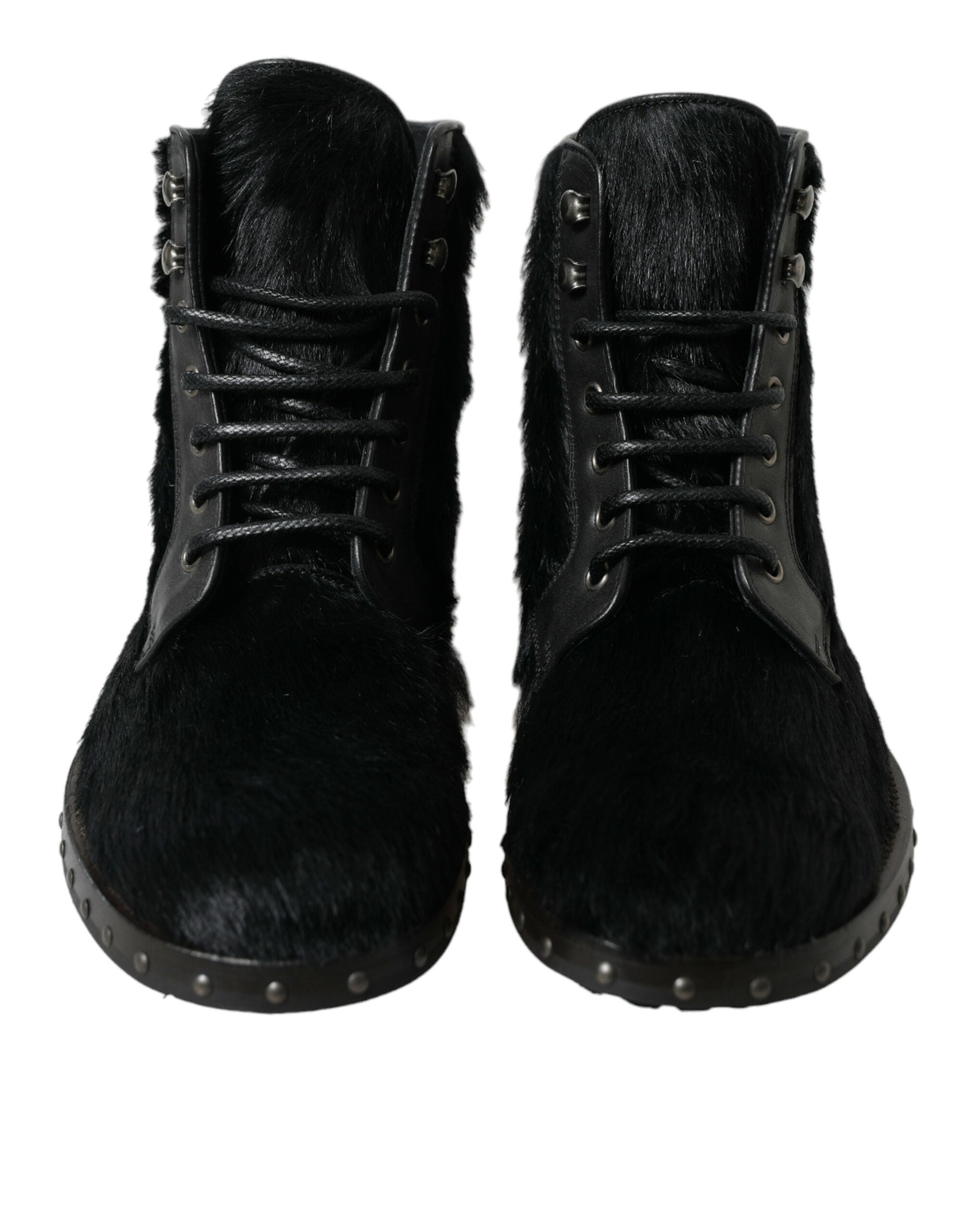 Dolce & Gabbana Black Pony Style Leather Mid Calf Boots Men's Shoes