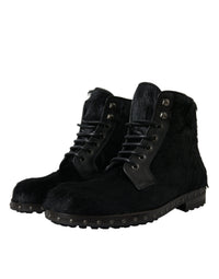 Dolce & Gabbana Black Pony Style Leather Mid Calf Boots Men's Shoes